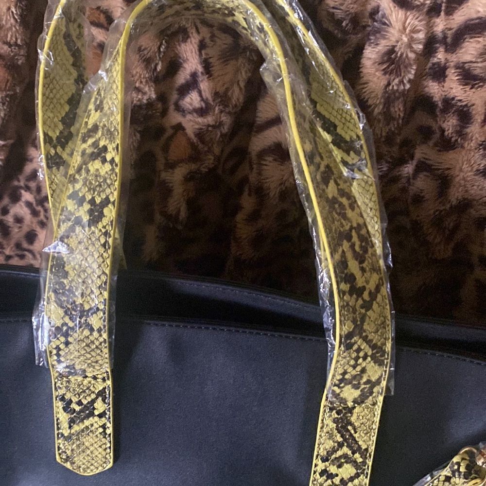 Black Faux Leather Neon Green Snakeskin Tote - Picture 4 of 8